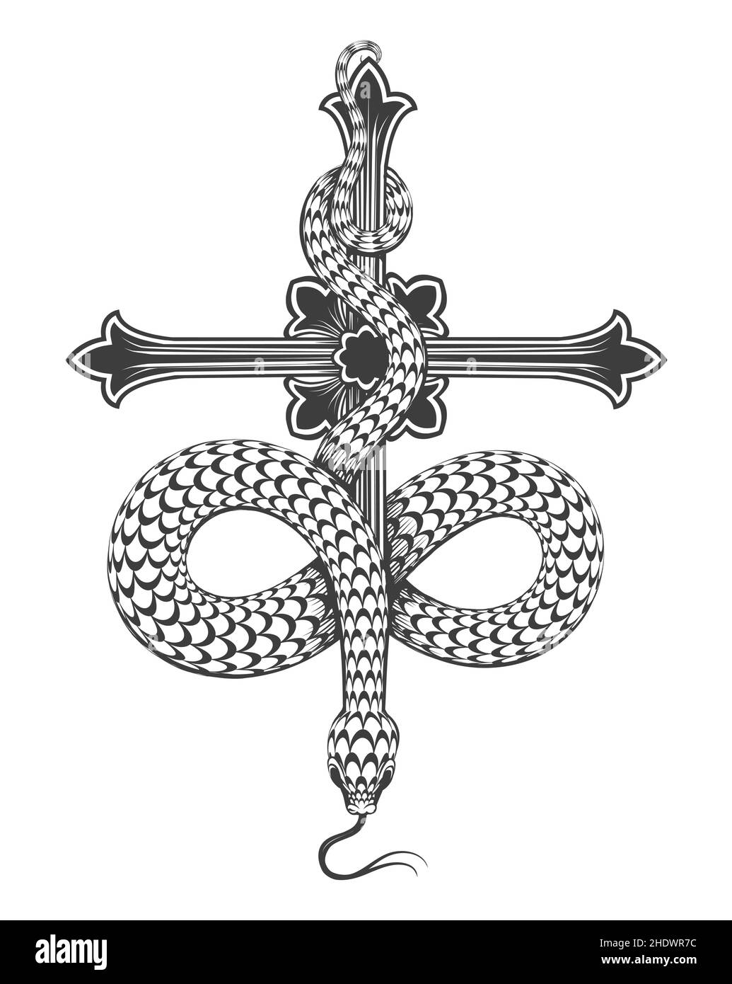 Black and Wite Tattoo von Schlange auf einem Kreuz isoliert auf weiß. Vektorgrafik. Stock Vektor
