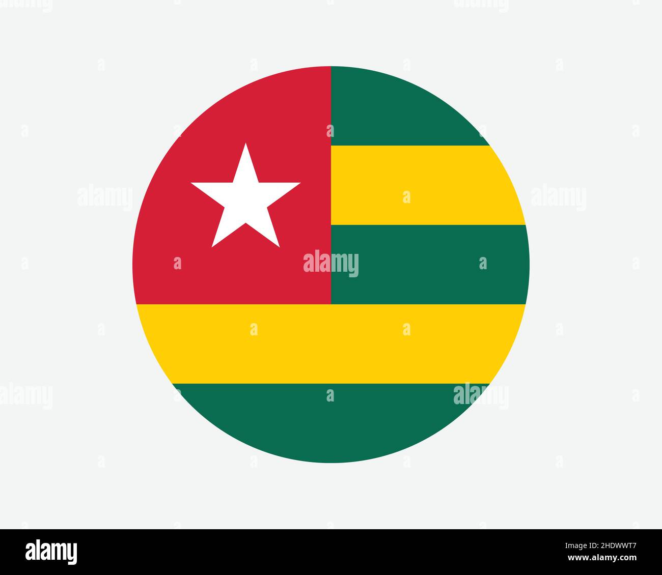 Togo Round Country Flagge. Togolese Circle National Flag. Togolesische Republic – Rundschreiben-Knopfbanner. EPS-Vektorgrafik. Stock Vektor