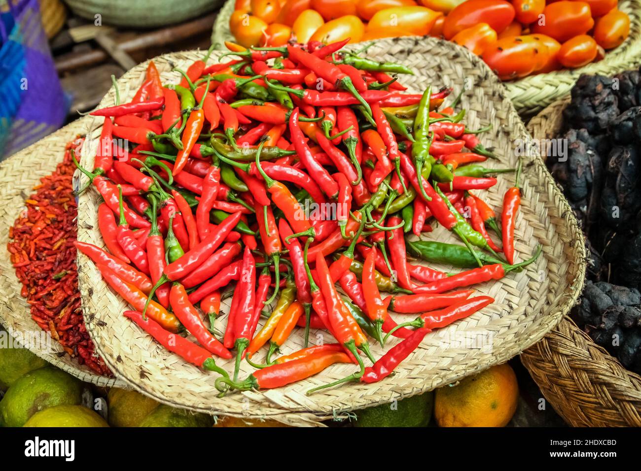 Chili, Marktstand, Marktstände Stockfoto