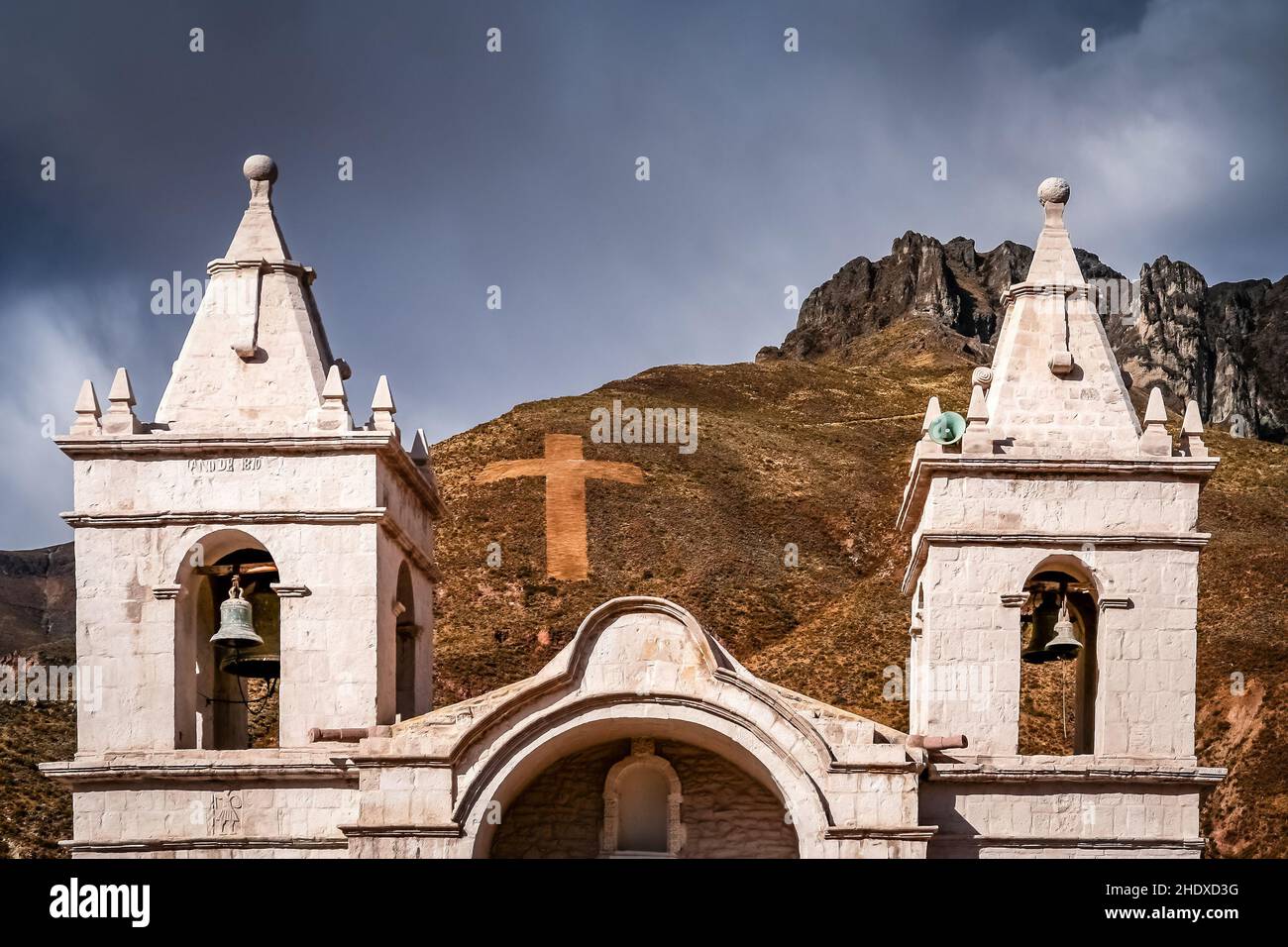 Glockenturm, chivay, Colca Canyon, Glockentürme, Chivays Stockfoto