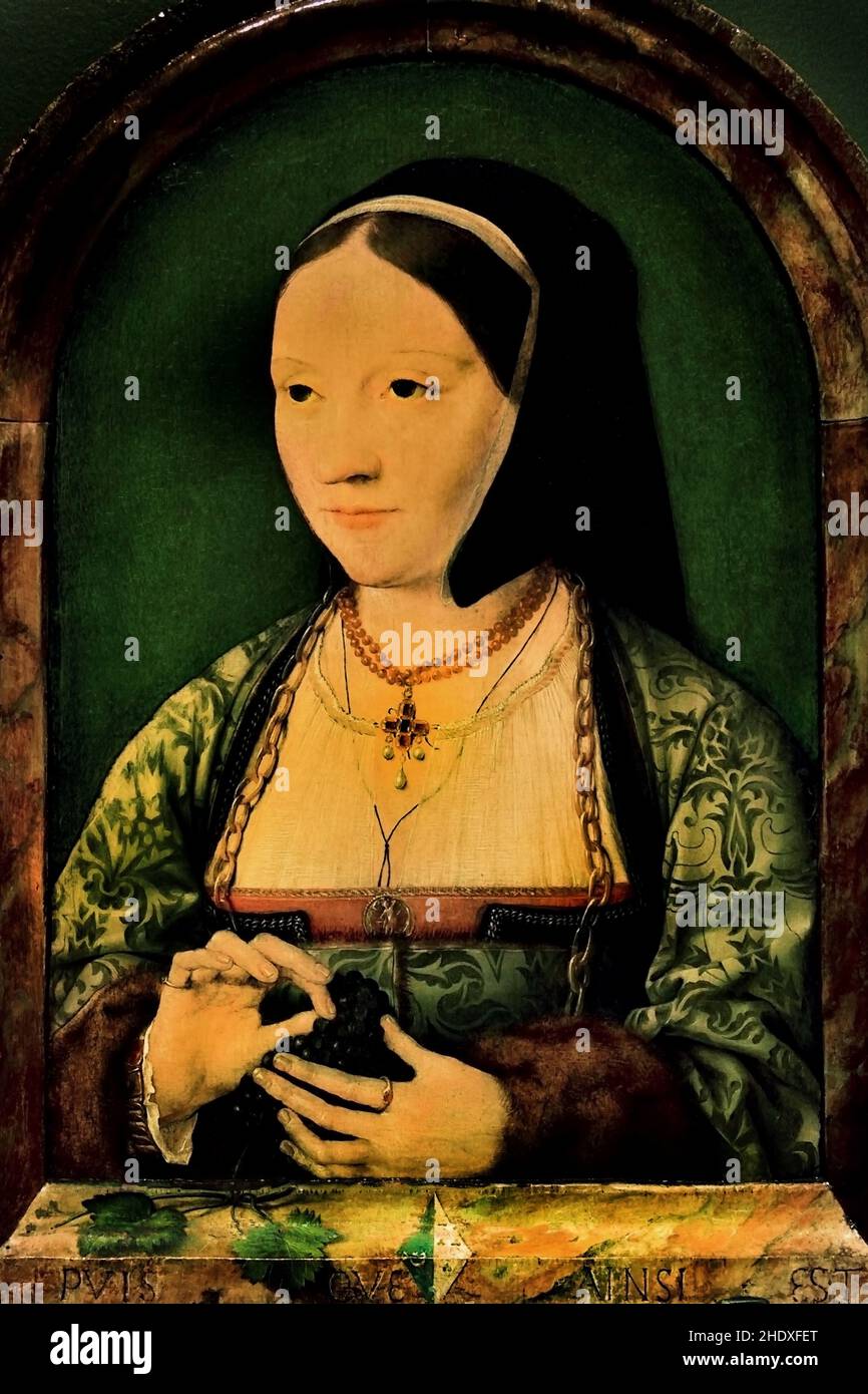 Beide Porträts werden dem deutschen Maler Joos van Cleve zugeschrieben.1487-1541 später in seinem Leben ging er in Antwerpen zur Arbeit und starb dort um 1541. Belgien, Belgien, Flämisch (auch die Untersuchung der auf den Listen abgebildeten Wappen hat keine Klarheit gebracht. Aus den reichen Kleidern und Schmuckstücken lässt sich ableiten, dass es sich um wohlhabende Menschen handelt. ) Von Joos van Cleve (auch Joos van der Beke) Stockfoto