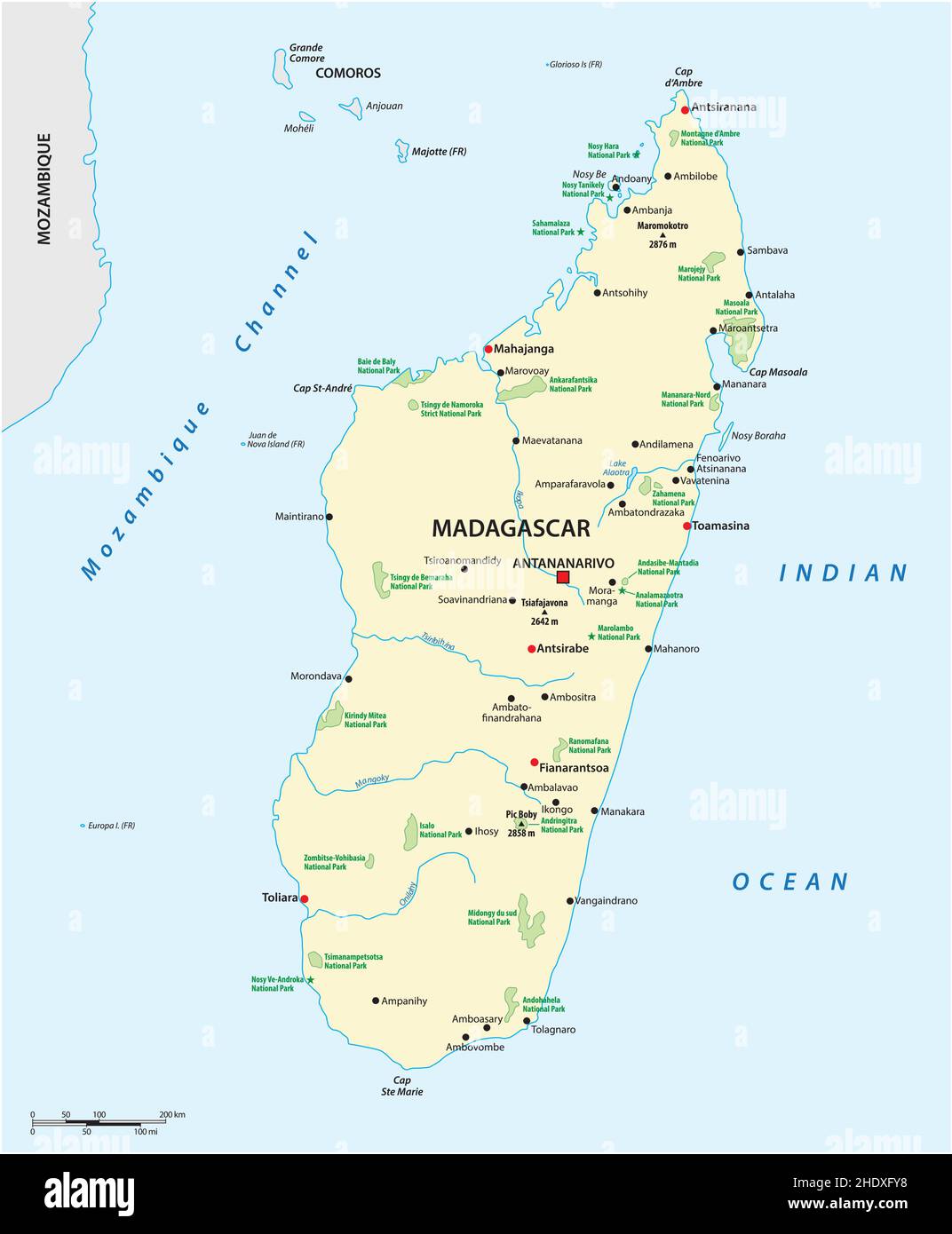 Nationalpark-Karte der afrikanischen Inselnation Madagaskar Stock Vektor