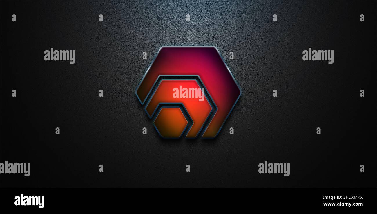 Hex-Kryptowährung-Münze auf buntem Hintergrund, Kryptowährung-Konzept Stockfoto