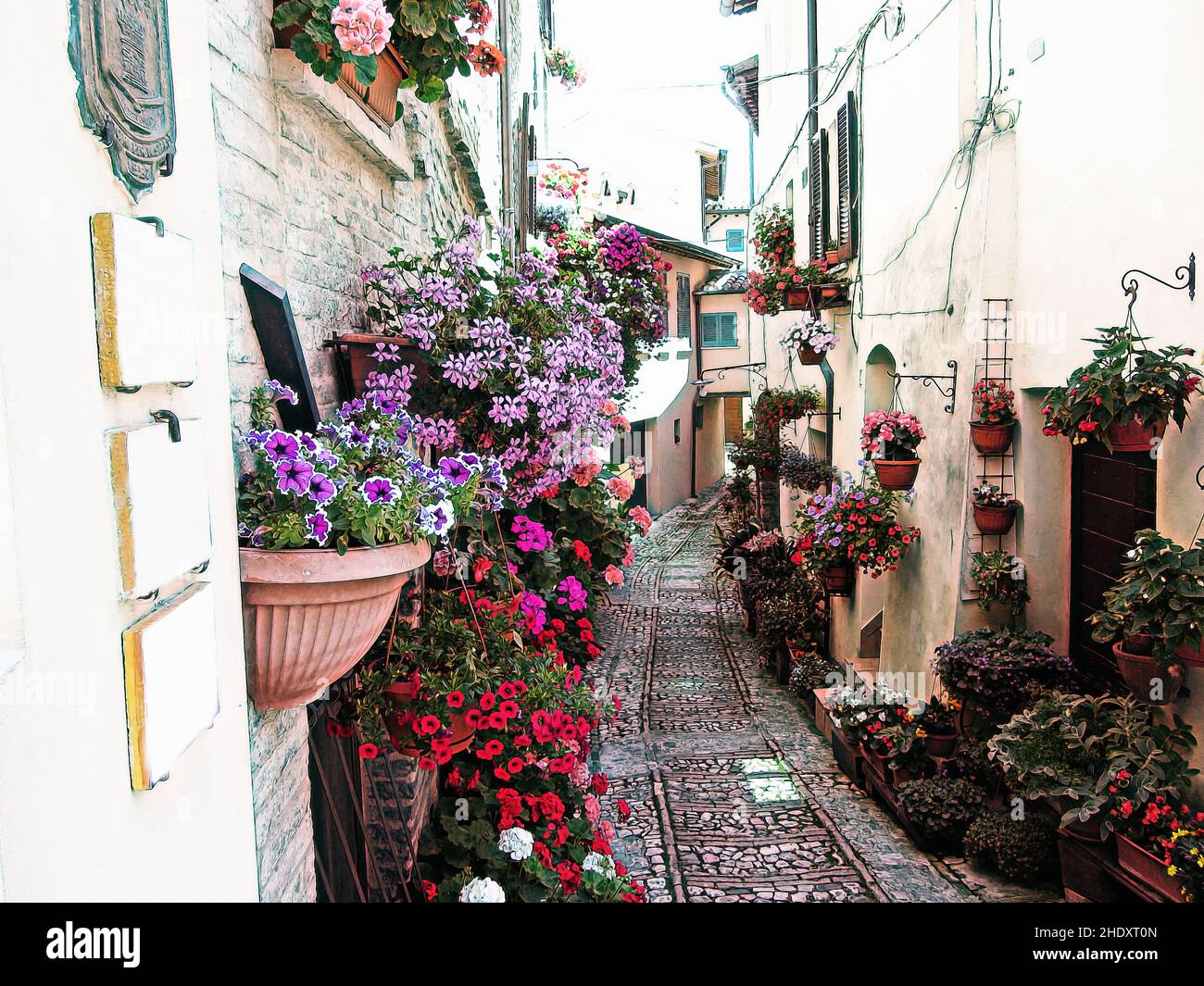 Fenster, Balkon und Blumengassen in Spello - Provinz Perugia, Italien . Künstlerische Darstellung Stockfoto