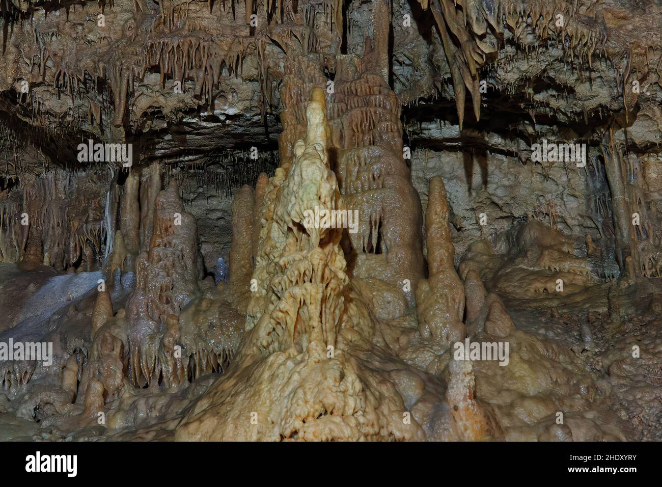 Blick auf die Höhle aus Staloktten und Stologmiten in New Athos in Abchasien. Touristenattraktion Stockfoto