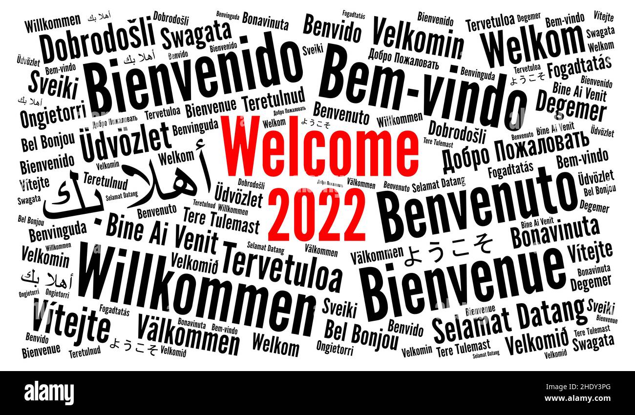 Willkommen im neuen Jahr 2022 Word Cloud in verschiedenen Sprachen Stockfoto