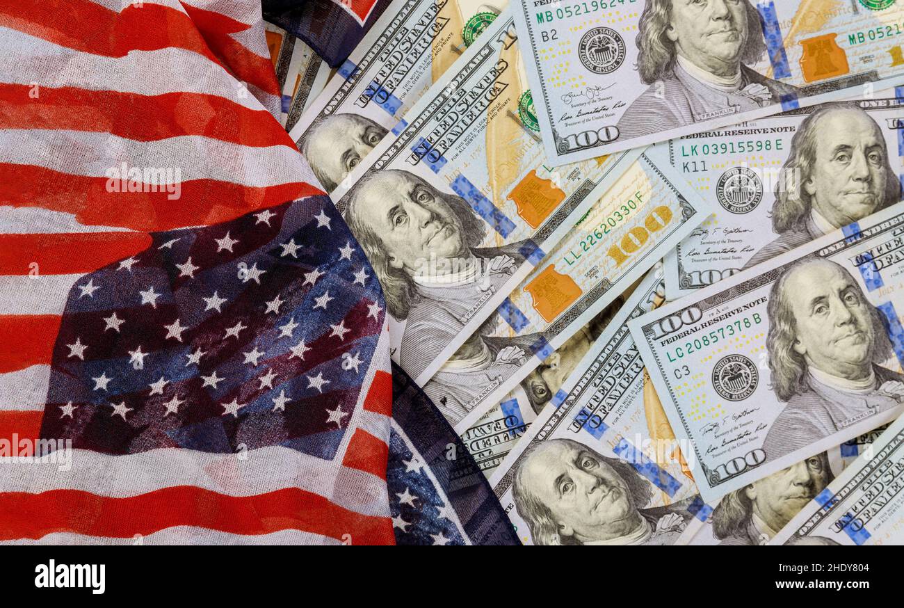 Dollar, amerikanische Flagge, amerikanisches Geld, Dollar, amerikanische Flaggen Stockfoto