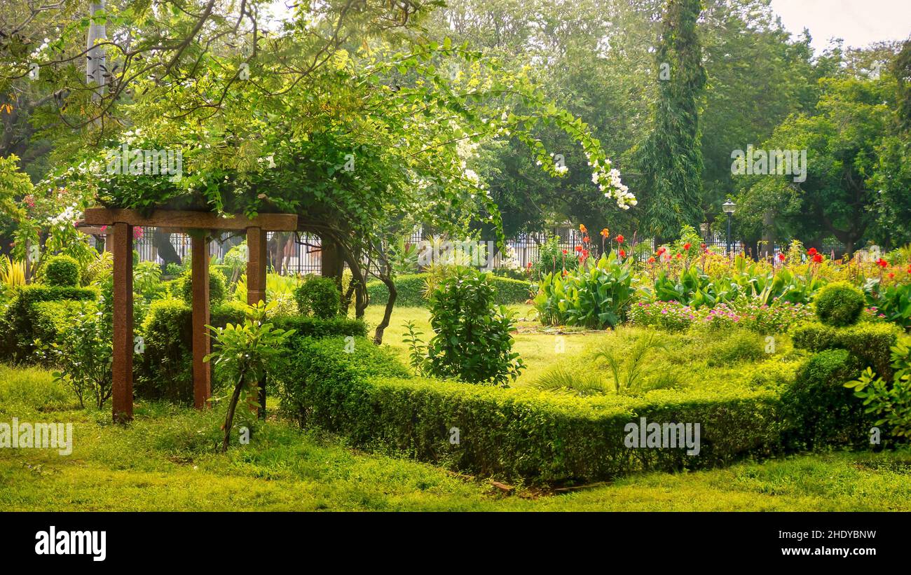 Blick auf die Straße auf die üppigen, grünen botanischen Gärten im französischen Viertel von Pondicherry, Indien. Stockfoto
