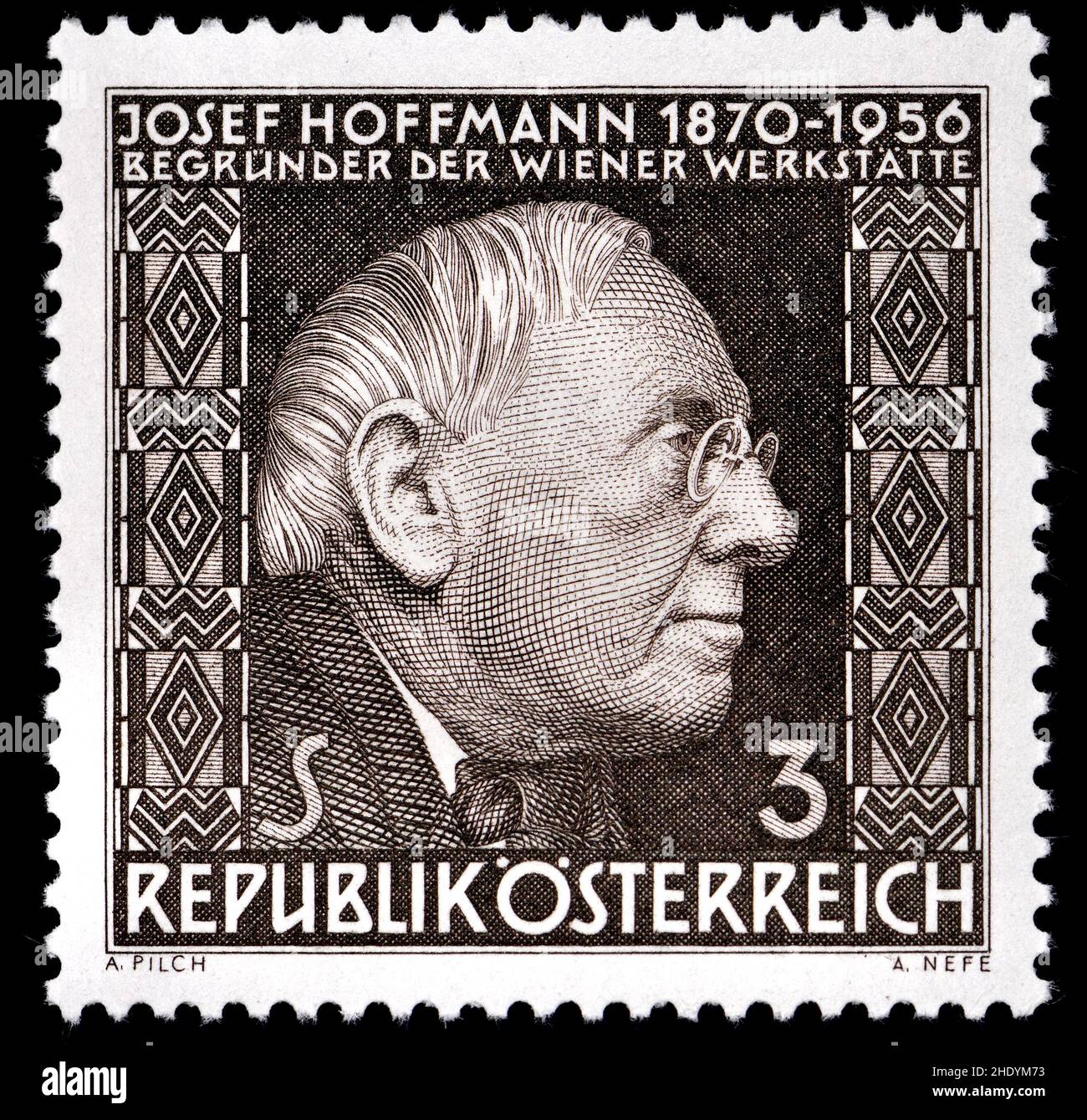 Österreichische Briefmarke (19) : Josef Hoffmann (1870 – 1956) Österreichischer Architekt und Designer, einer der Gründer der Wiener Secession Stockfoto