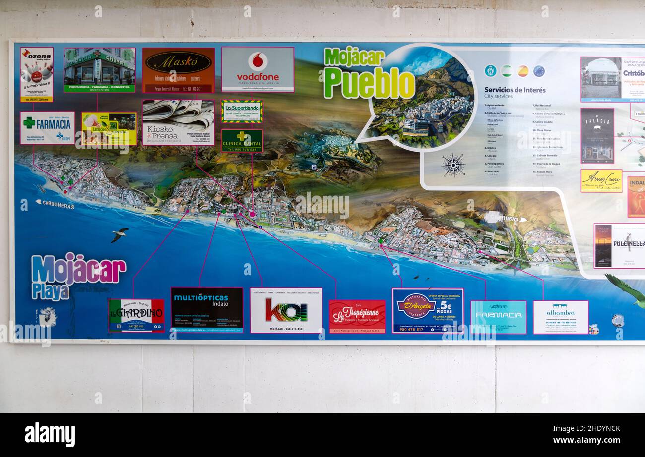 Karte mit touristischen Attraktionen und Einrichtungen, Karte von Mojacar Pueblo und playa, Mojacar, Almeria, Spanien Stockfoto