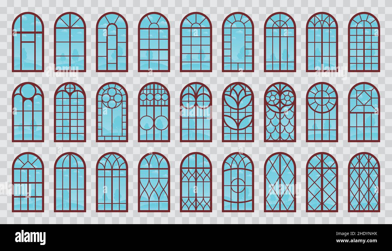 Sammlung Von Gewölbten Holzrahmen Mit Fenstern. Vektor-Set von isolierten Fenstern mit Sky Reflection für Außenansicht auf Architekturdesign. Stock Vektor