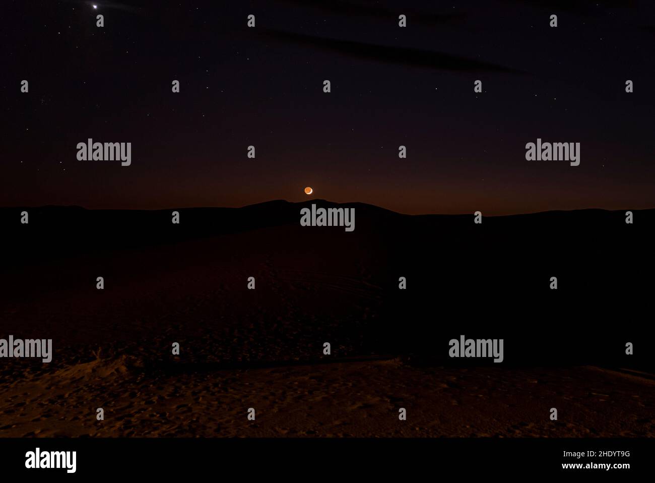 Wüstenlandschaft mit Mond und Sternen über Sanddünen in der Nacht Stockfoto