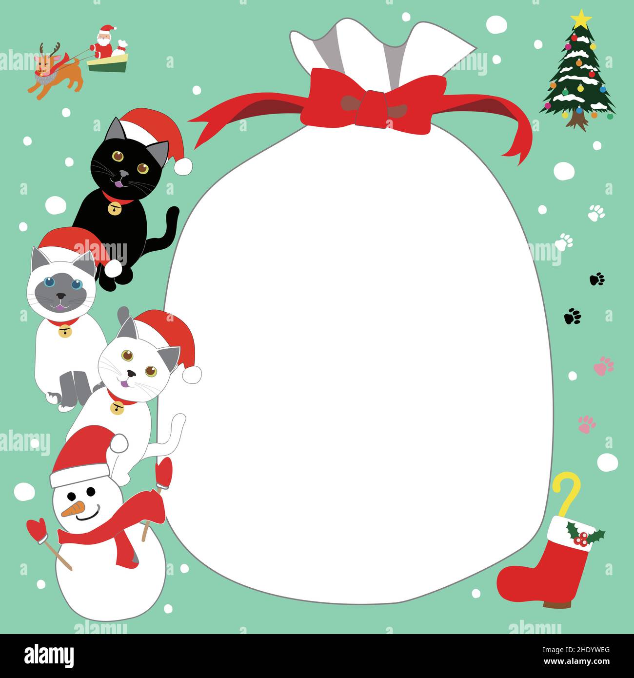 weihnachtskarte mit Katzen, Schneemann und weihnachtsmann Stockfoto