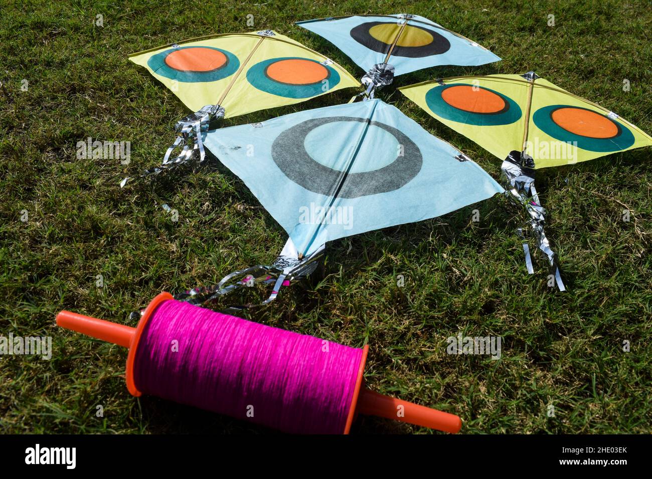 Sankranti Kites Patang fliegen im Freien. Bunte Drachen während des Drachenfestes. Festlichkeiten des Makar sankranti. Drachen auf dem Boden Stockfoto