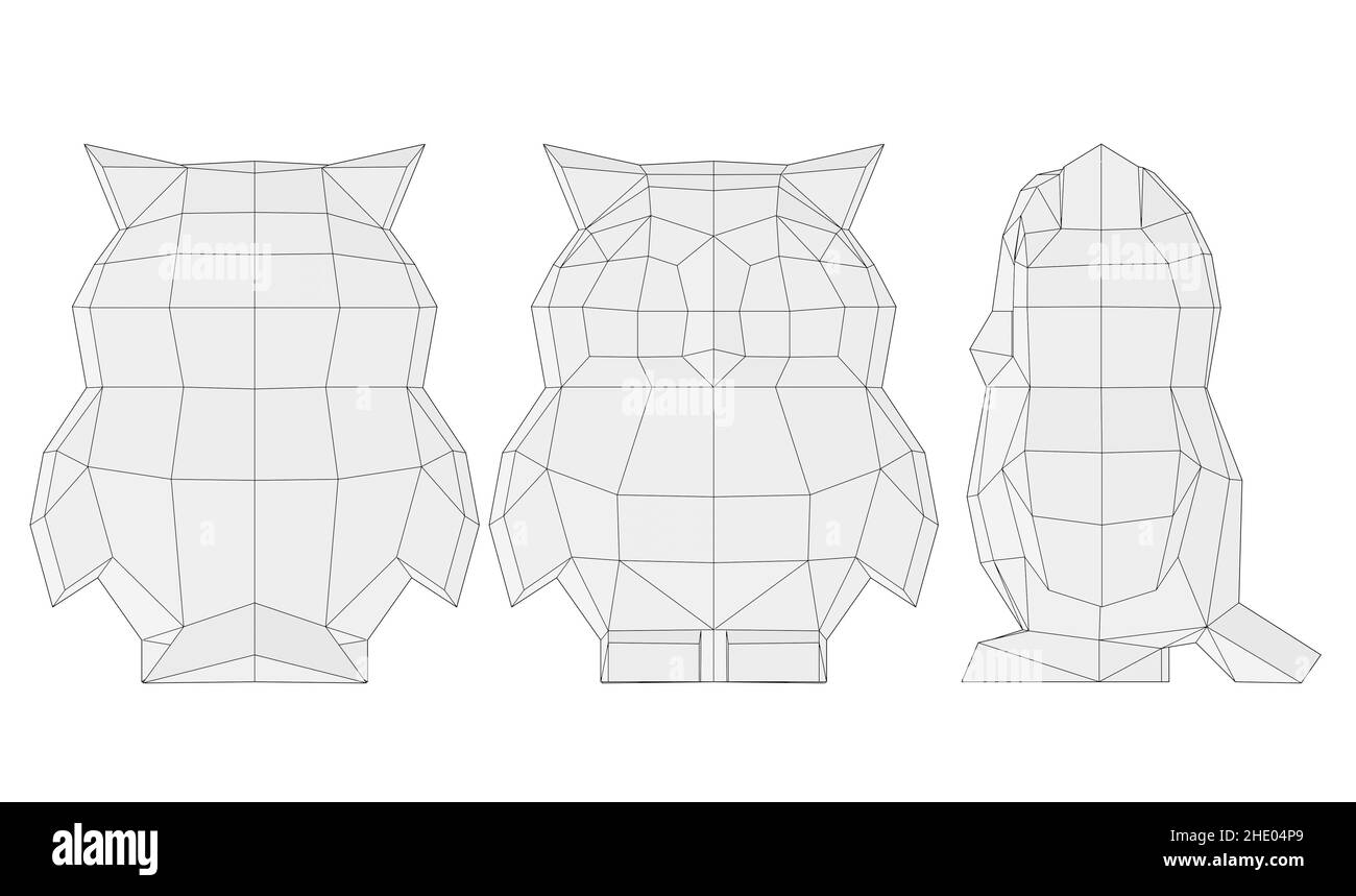 Low Poly niedliche Babyeule von verschiedenen Seiten, polygonale Kunst, 3D gerendert Stockfoto