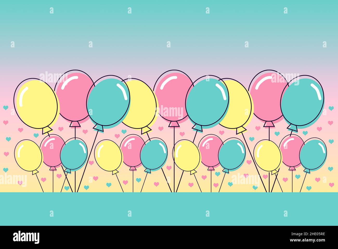 Darstellung von Reihen von Ballons in rosa, gelb und grün auf einem abgestuften Hintergrund mit Platz für Text. Stockfoto