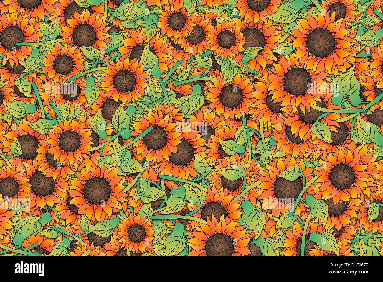 Hintergrunddarstellung von bunten gelben und orangen Sonnenblumen. Stockfoto