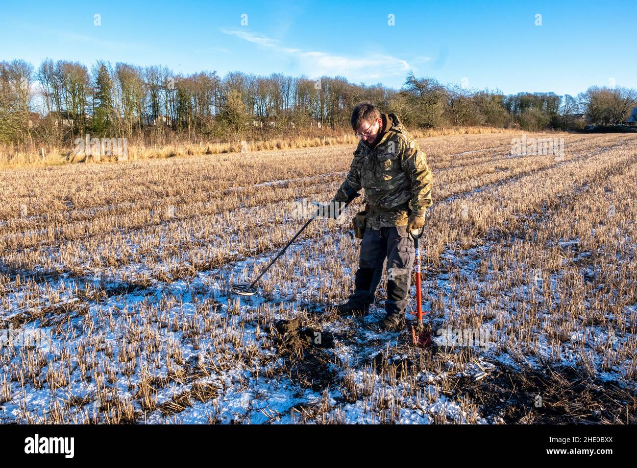 Ein Mann, der Metalldetektor verwendet, um auf einem Bauernfeld in West Lothian, Schottland, nach vergrabenen Münzen zu suchen. Stockfoto