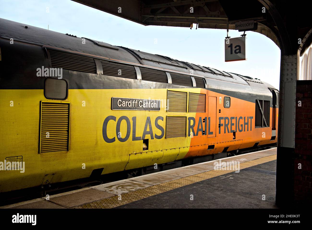 A Colas Rail BR Class 37 Diesel-Electric locomotiveno 37116 Cardif Canton' Passing through Worcester Strauch Hill Railway Station Stockfoto