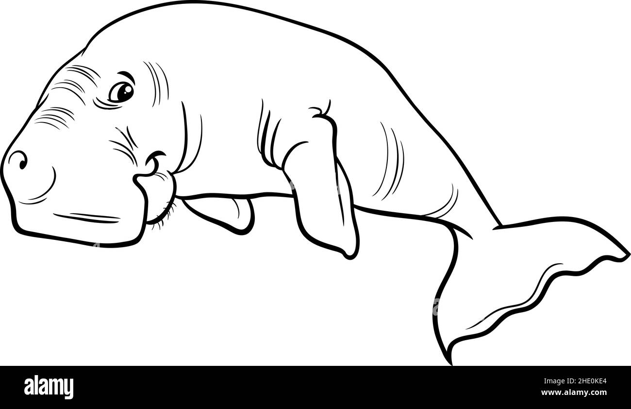 Schwarz-Weiß-Cartoon-Illustration von Dugong marine Säugetier Tier Charakter Färbung Buchseite Stock Vektor