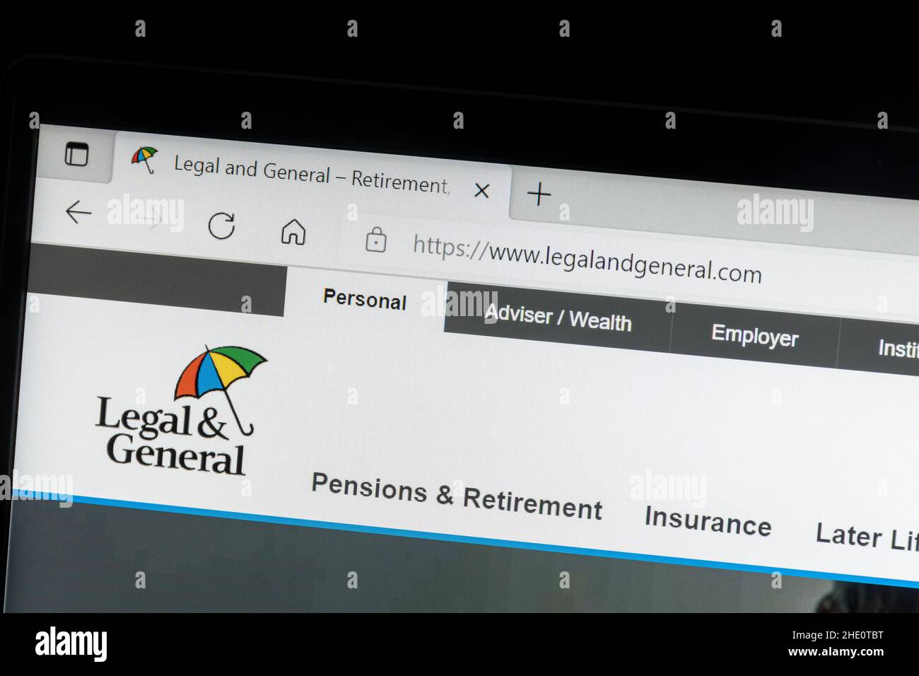 Legal & General, Pensionierung, Lebensversicherung und Investitionen Unternehmen Website auf einem Laptop-Computer, Großbritannien Stockfoto