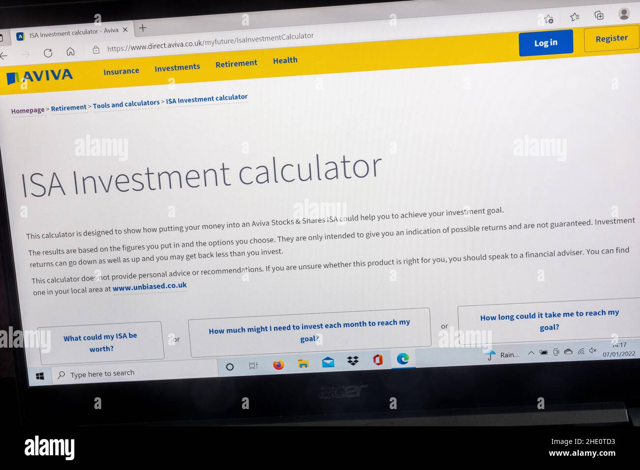 Aviva Insurance Company Website auf Laptop-Computer-Bildschirm, Großbritannien, und Einsparungen und Investitionen. ISA Investment Calculator-Seite. Stockfoto