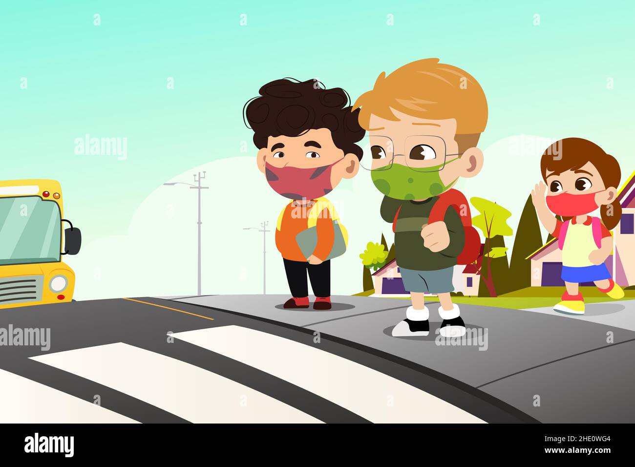 Eine Vektordarstellung von Schulkinder, die Masken tragen, die auf den Schulbus warten Stock Vektor