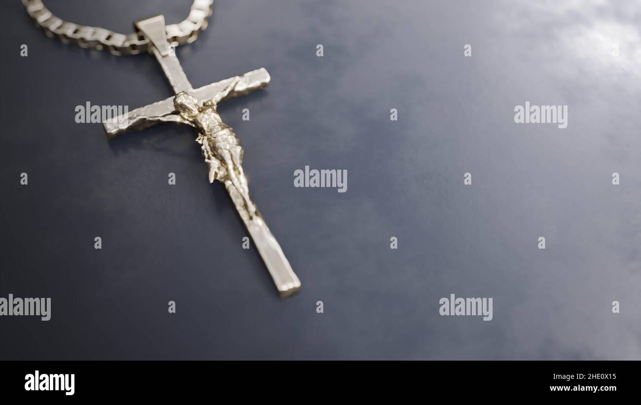 Ein silberner Kettenanhänger jesus Kreuz. 3D Abbildung Stockfoto