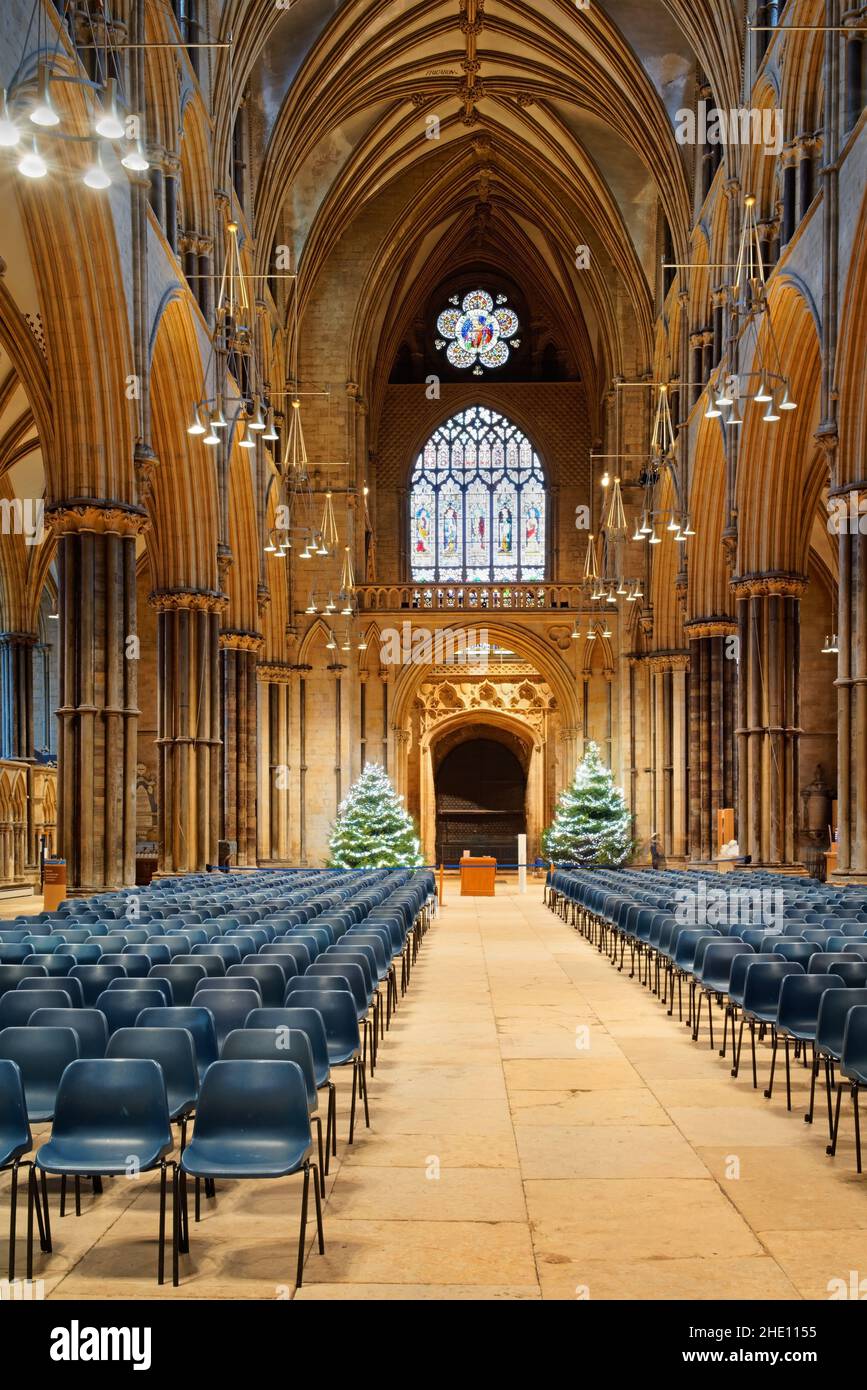 Großbritannien, Lincolnshire, Lincoln Cathedral Nave und Sitzplätze Stockfoto