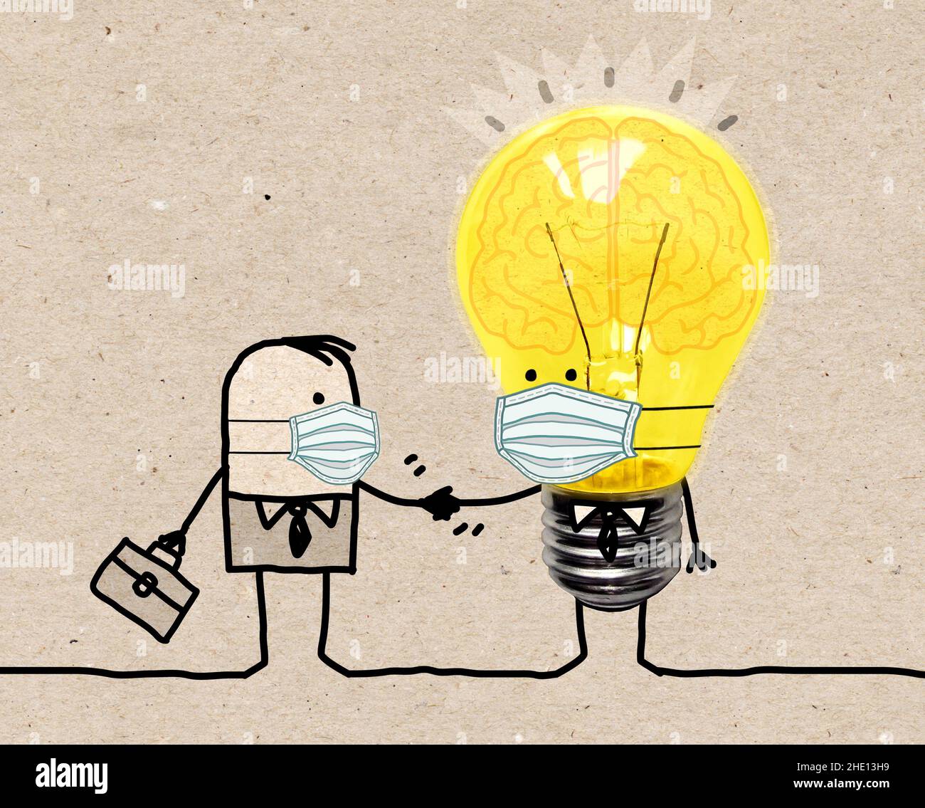 Handgezeichneter Cartoon Geschäftsmann schüttelt die Hände mit Glühbirnenfigur und Maske Stockfoto