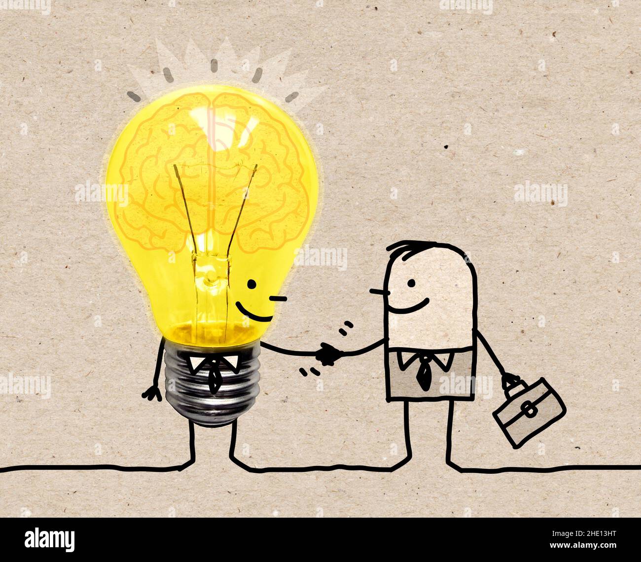 Hand Cartoon Geschäftsmann Händeschütteln mit lustigen Glühbirne Charakter gezeichnet Stockfoto