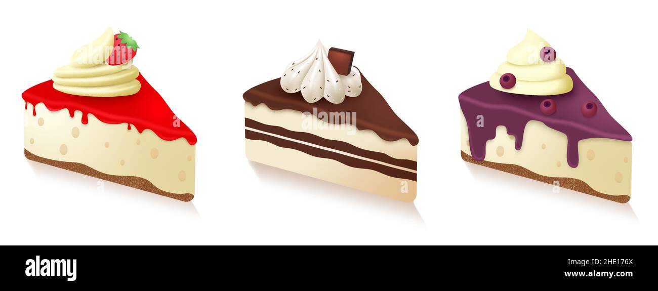 Cakes Slice Vektor-Set-Design. Käsekuchen und Schokoladenkuchen Desserts Sammlung mit Erdbeer- und Heidelbeerfrucht Aromen für Geburtstag und Anlass. Stock Vektor