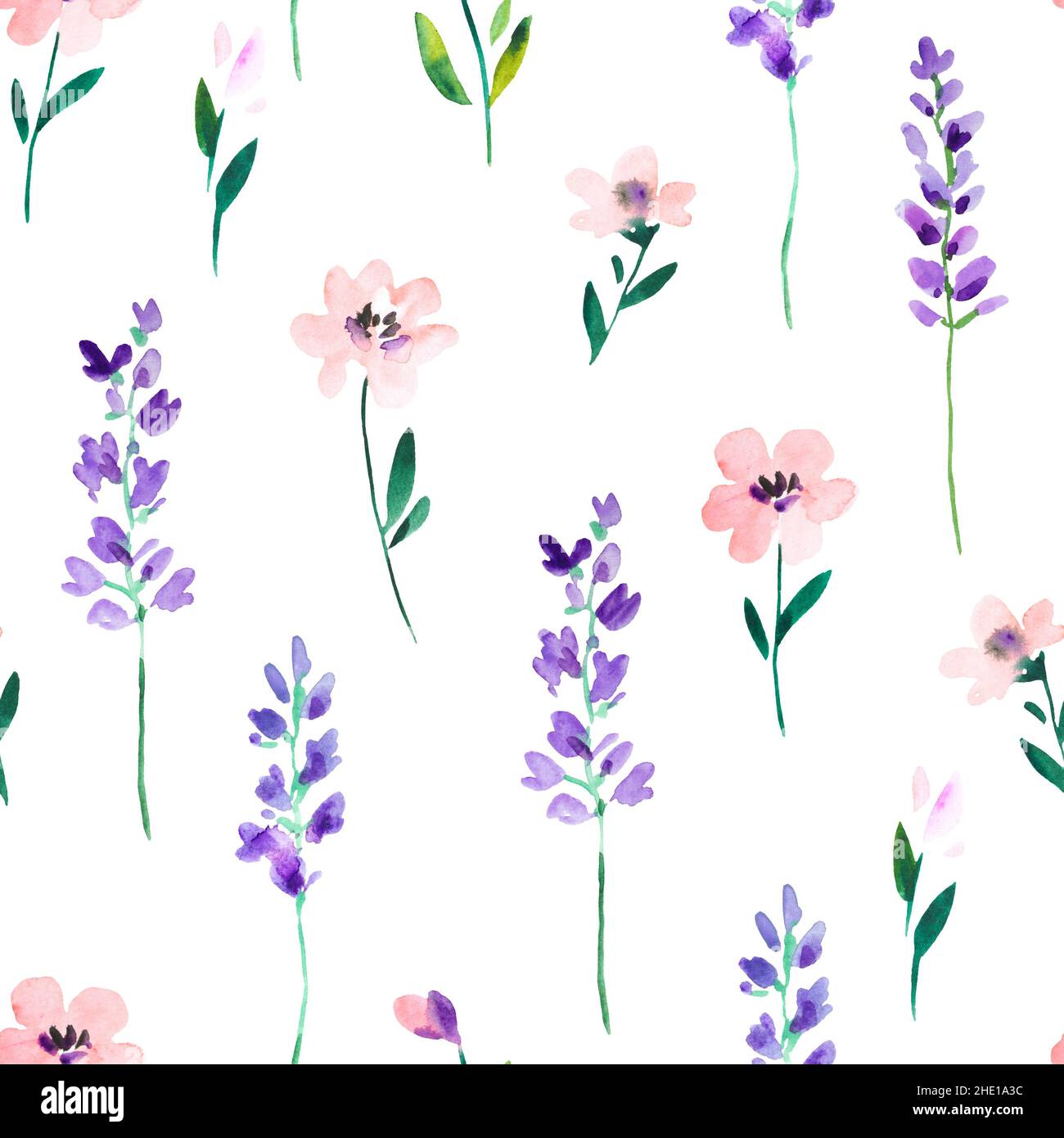 Aquarell-Nahtloses Muster mit wilden Wiesenblumen und Lavendelzweigen. Original handgezeichneter Naturdruck für Dekor und Textildesign. Stockfoto