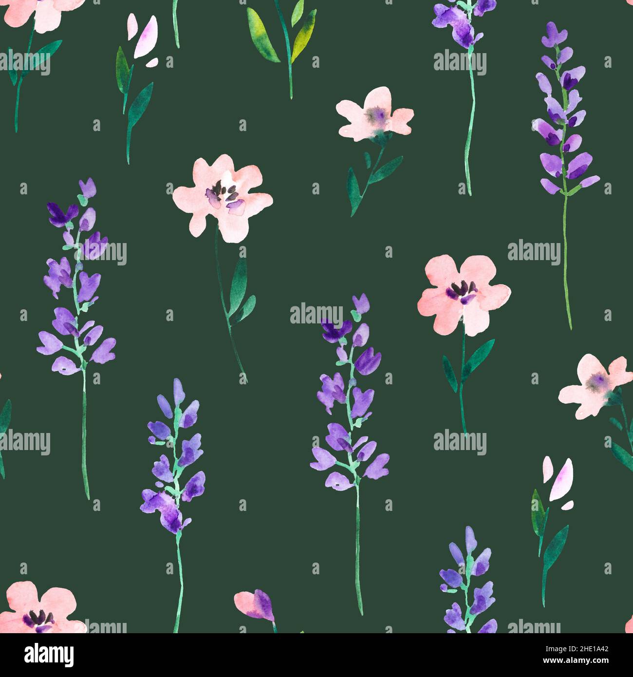 Aquarell-Nahtloses Muster mit wilden Wiesenblumen und Lavendelzweigen. Original handgezeichneter Naturdruck für Dekor und Textildesign. Stockfoto