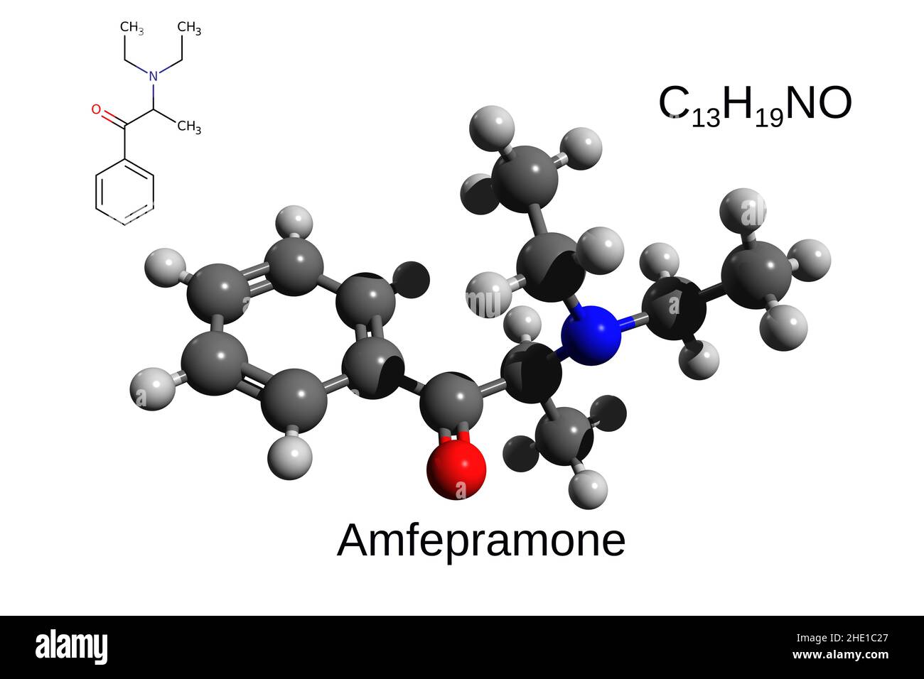 Chemische Formel, Strukturformel und 3D Ball-and-Stick-Modell des Stimulans Amfepramon, weißer Hintergrund Stockfoto