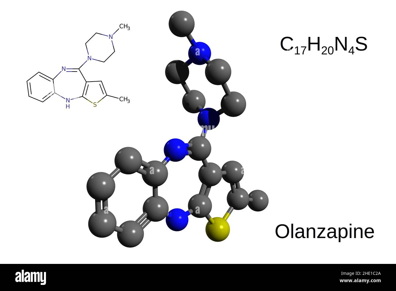 Chemische Formel, Strukturformel und 3D Ball-and-Stick-Modell von atypischen antipsychotischen Olanzapin, weißer Hintergrund Stockfoto