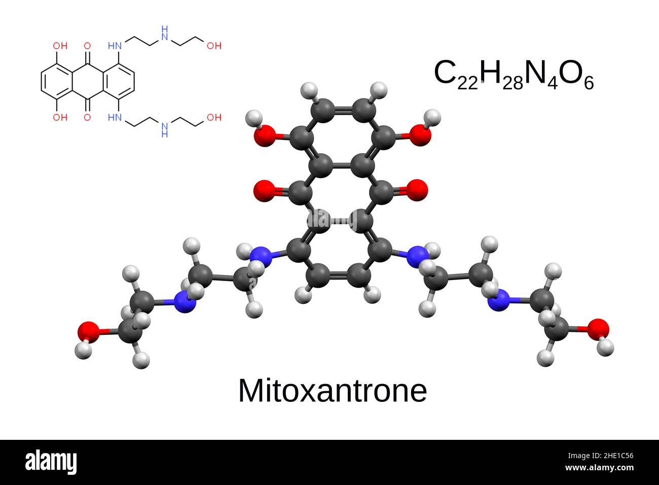 Chemische Formel, Strukturformel und 3D Ball-and-Stick-Modell des Krebsmedikaments Mitoxantron, weißer Hintergrund Stockfoto
