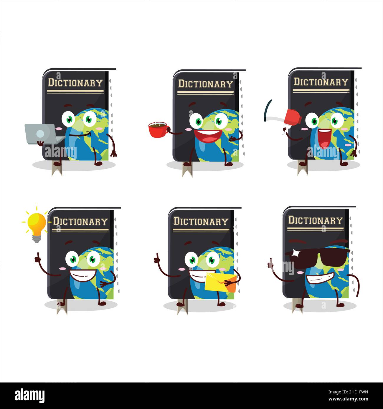 Wörterbuch Buch Zeichentrickfigur mit verschiedenen Arten von Business-Emoticons. Vektorgrafik Stock Vektor