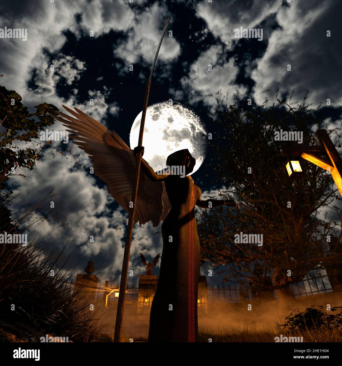 Engel des Todes in einem gruseligen Friedhof in der Nacht - 3D Rendering Stockfoto
