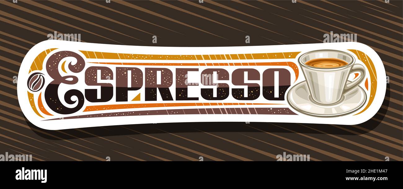 Vektor-Banner für Espresso Kaffee, Illustration einer einzelnen Glasschale mit Kaffeegetränk auf dem Teller, weiße dekorative horizontale Beschilderung mit einzigartigem Pinsel Stock Vektor