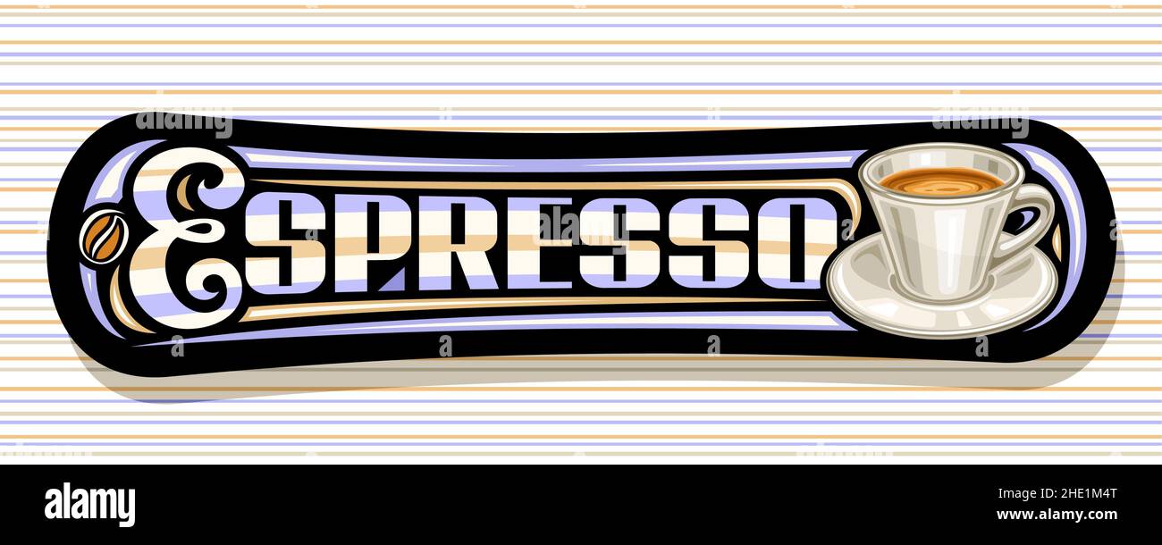 Vektor-Banner für Espresso Kaffee, Illustration einer einzelnen Glaskasse mit Kaffeegetränk auf Teller, schwarzes dekoratives horizontales Schild mit einzigartigem brus Stock Vektor