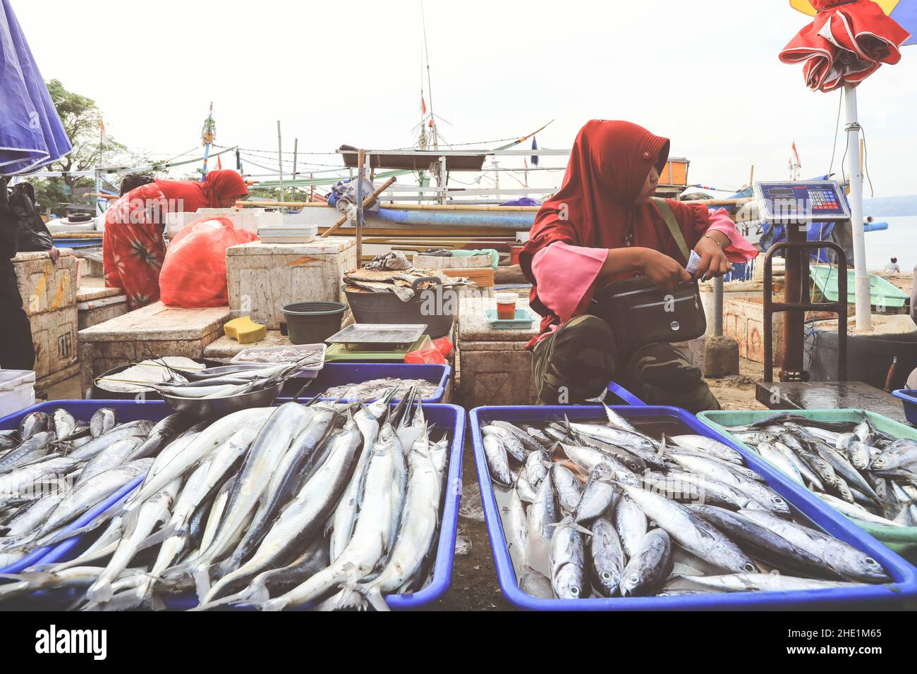 Bali, Indonesien - 8. Februar 2020 : selektiver Fokus auf Fischverkauf auf dem Morgenmarkt in Kedonganan - Passer Ikan, Jimbaran Beach, Bali, Indonesien Stockfoto
