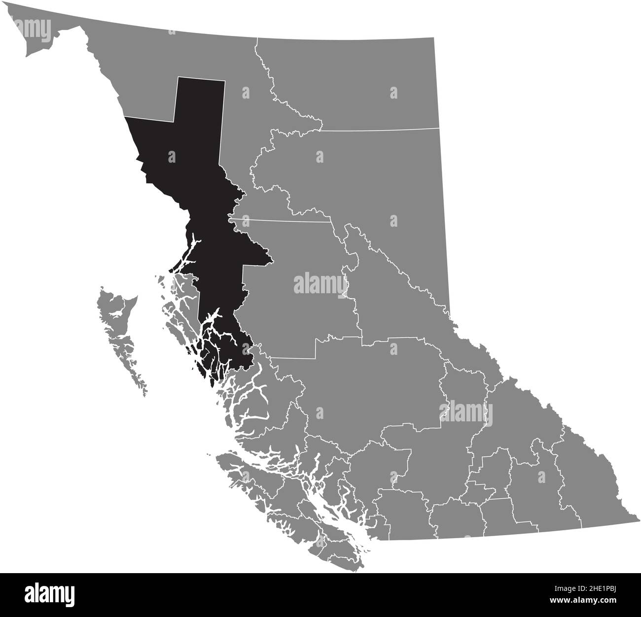 Schwarz flach leer hervorgehobene Standortkarte des BEZIRKS KITIMAT–STIKINE in grauer Verwaltungskarte der kanadischen Provinz British Stock Vektor