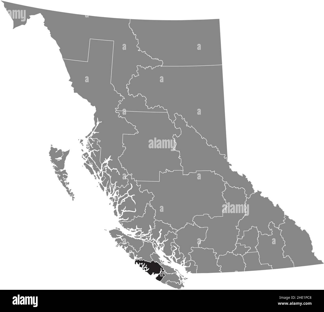 Schwarze, flache, leere, hervorgehobene Standortkarte des Regionalbezirks ALBERNI-CLAYOQUOT innerhalb einer grauen Verwaltungskarte der kanadischen Provinz Britis Stock Vektor