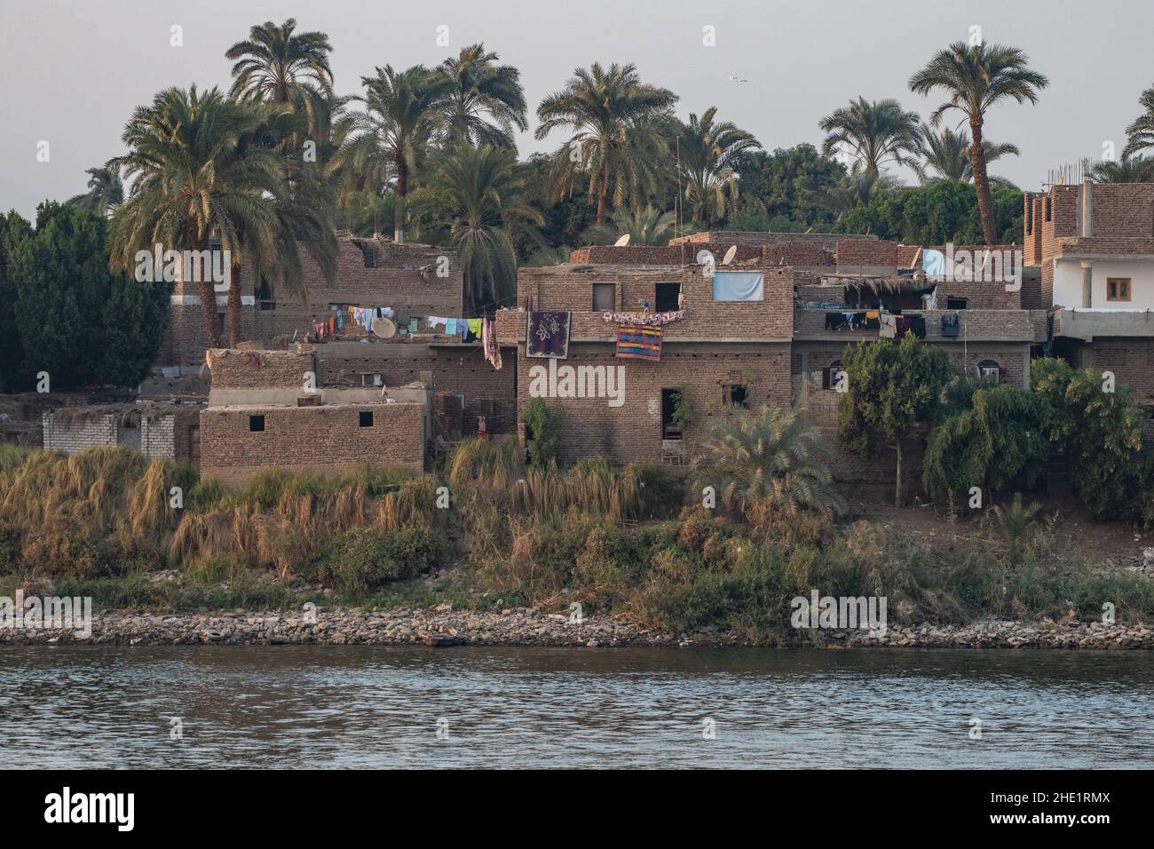 Ein Dorf und Häuser am Rande des Nils im ländlichen Ägypten. Stockfoto