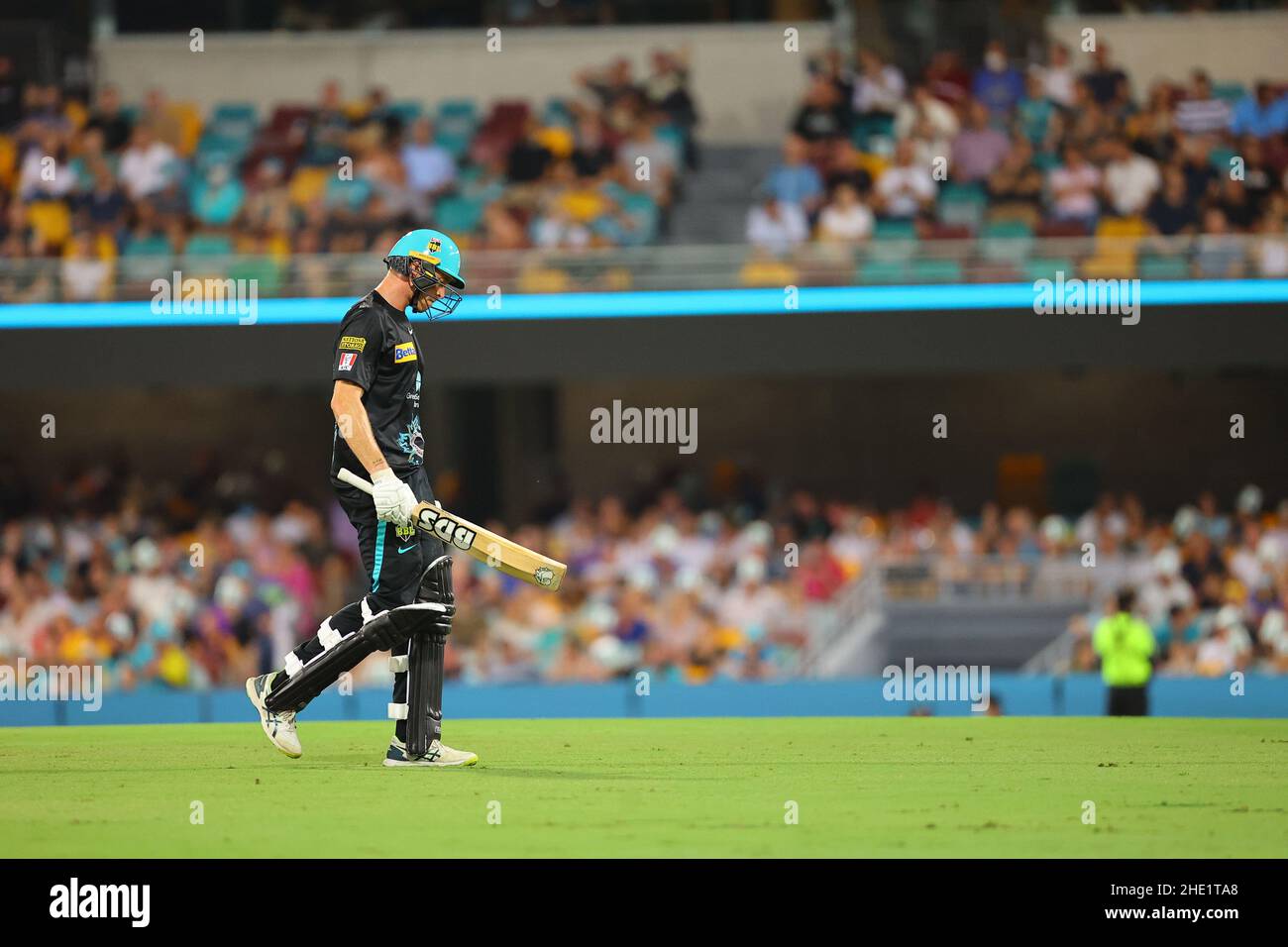 Brisbane, Großbritannien. 08th Januar 2022. Sandeep Lamichhane von den Hobart Hurricanes nimmt das Dickicht von Jack Wood von der Brisbane Heat und feiert/Jack Wood von der Brisbane Heat verlässt das Feld. In Brisbane, Vereinigtes Königreich am 1/8/2022. (Foto von Patrick Hoelscher/News Images/Sipa USA) Quelle: SIPA USA/Alamy Live News Stockfoto