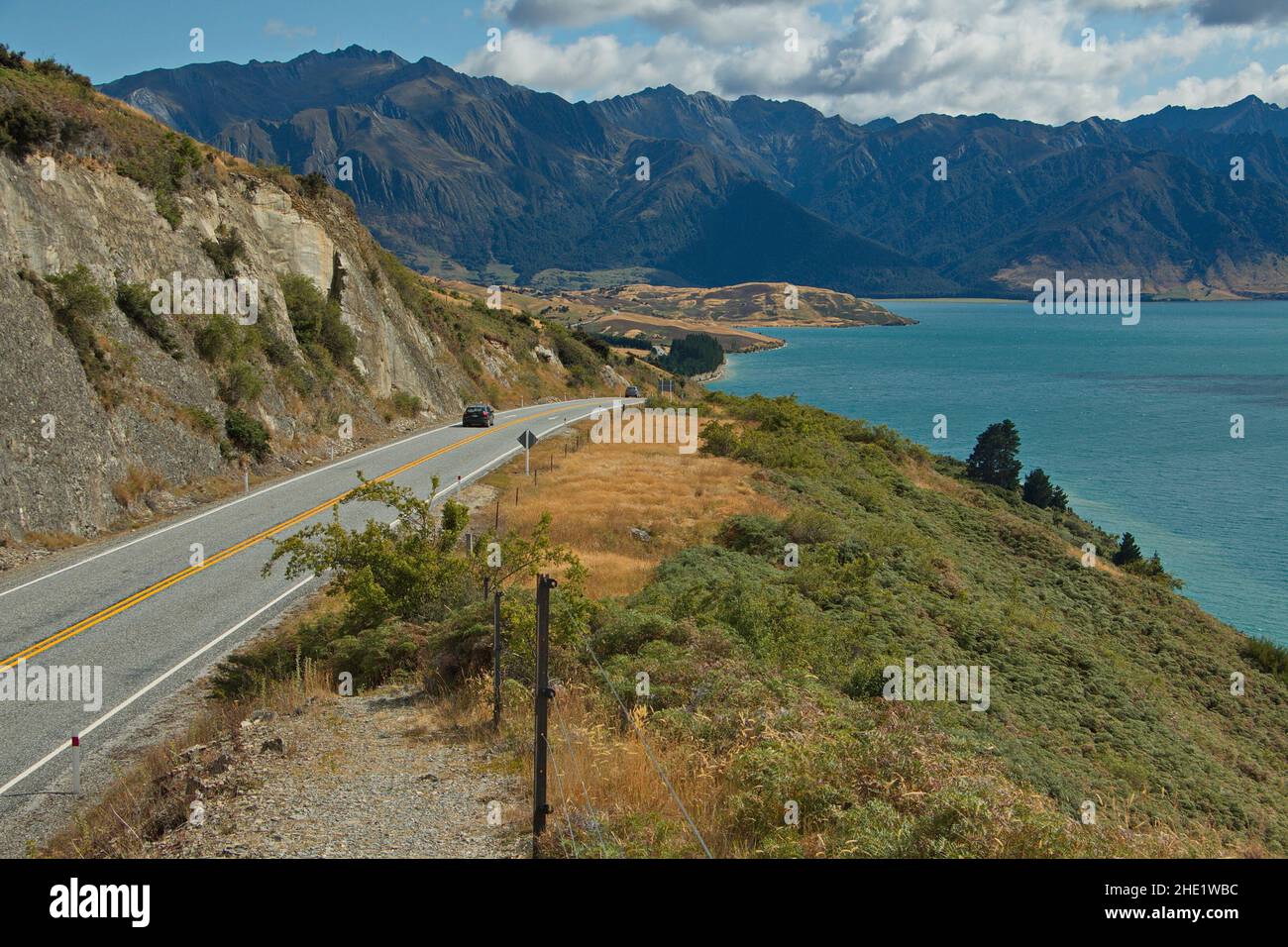 Blick auf den Hawea See vom Hawea See Aussichtspunkt in Otago Auf der Südinsel Neuseelands Stockfoto