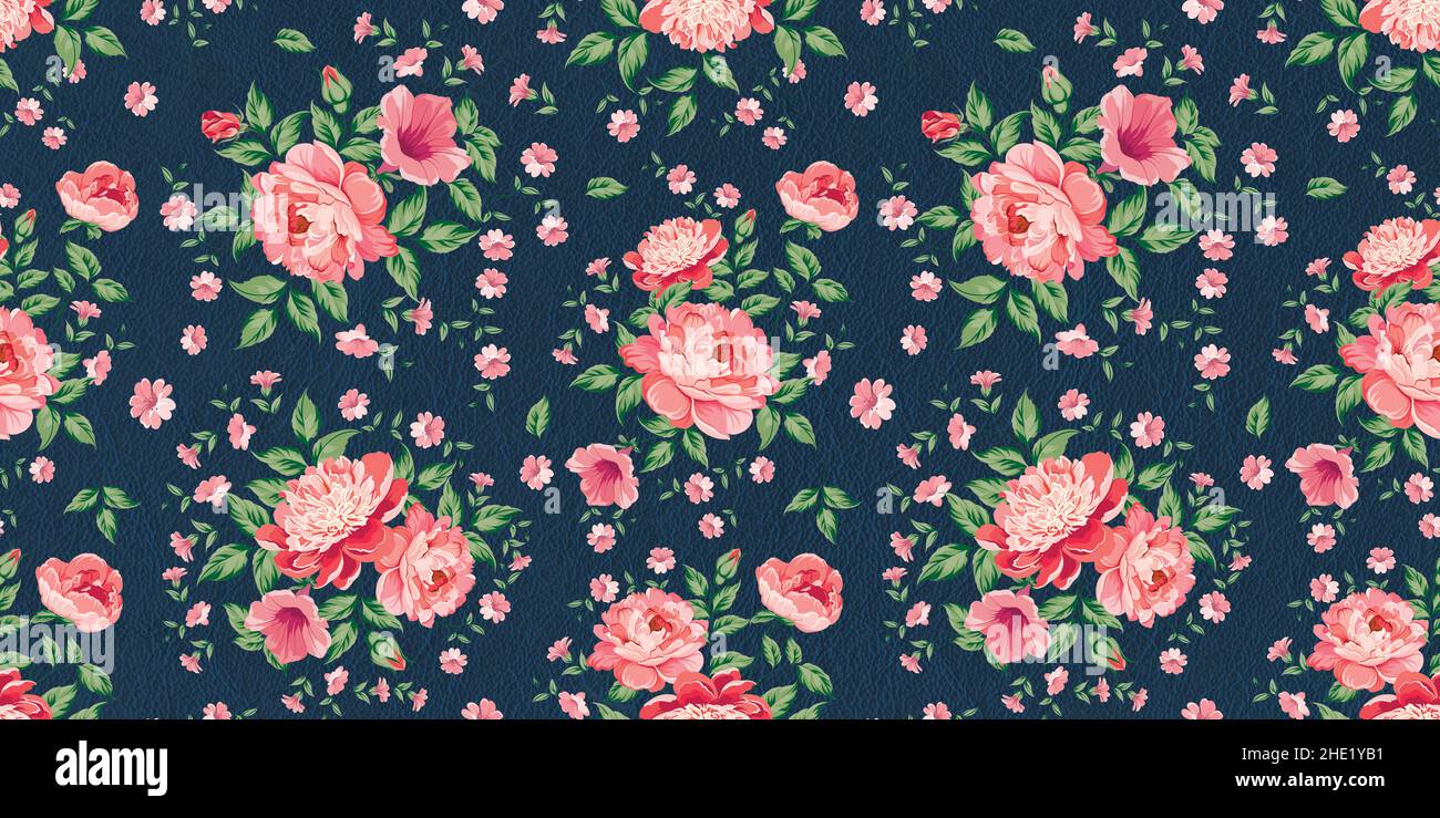 Nahtlose 3D Tapete mit Frühlingsblumen und Blättern. Handgezeichneter Hintergrund. Florales Muster für Tapete oder Stoff. Blumenrose. Botanische Kachel. Stockfoto