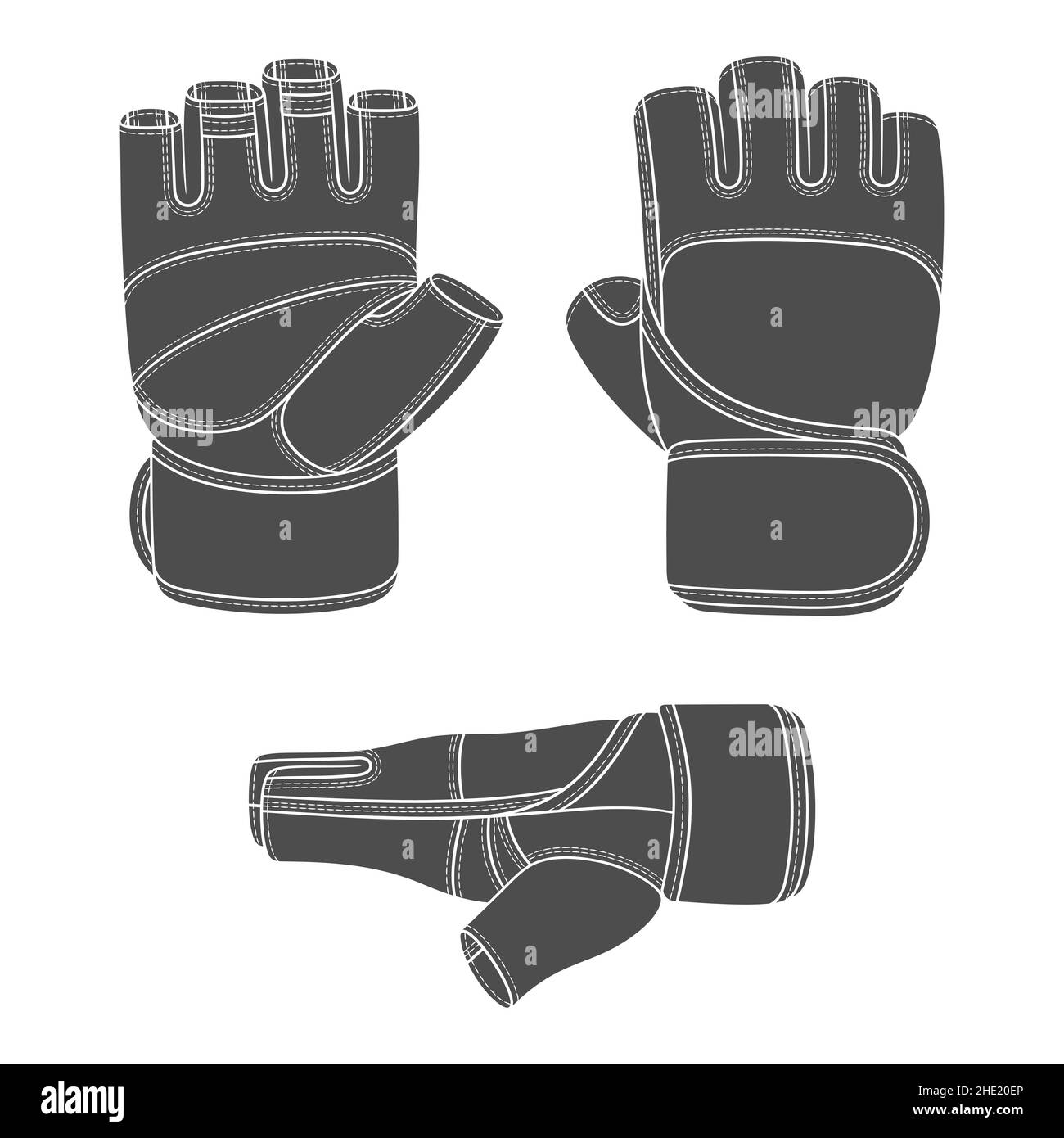Set aus schwarz-weißen Illustrationen mit dem Bild von Sport, Trainingshandschuhe. Isolierte Vektorobjekte auf weißem Hintergrund. Stock Vektor