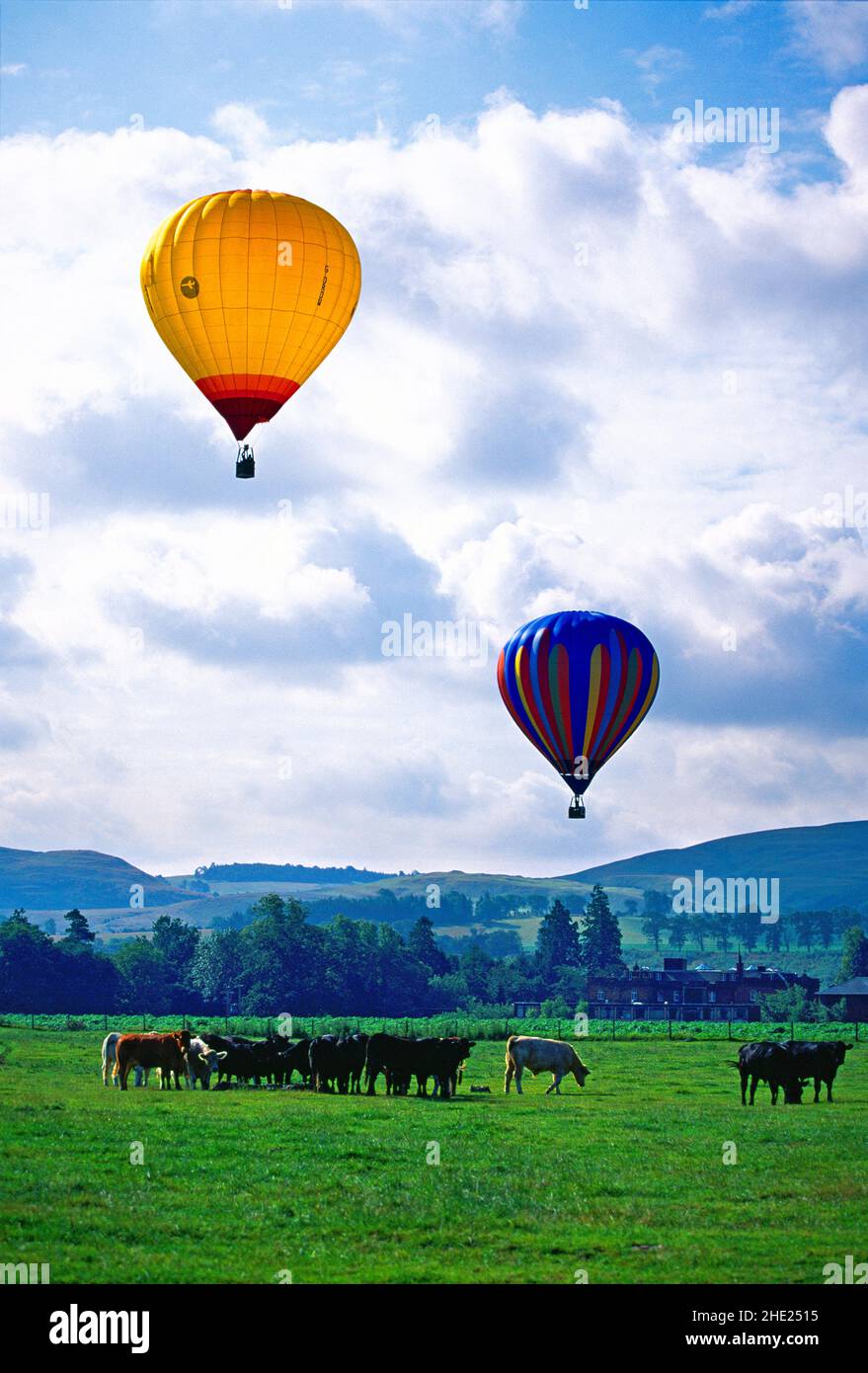 Heißluftballons, über schottischer Landschaft, Stockfoto